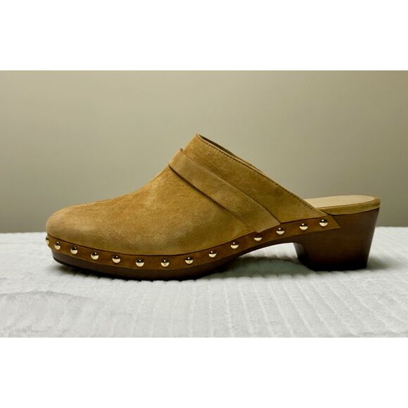 ANN TAYLOR Tan Kid Suede Clogs with Brass Rivets, Sz 8.5M - Picture 6 of 12
